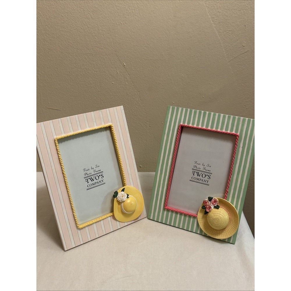 Twos Company Striped Sun Hat Summer Theme 4x6 Photo Frames Set of 2 Multicolor